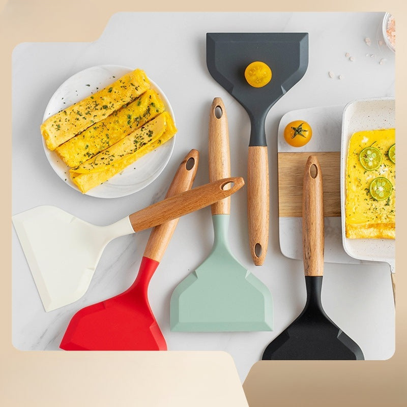 Wooden Handle Silicone Spatula Tamagoyaki Flat Non Stick Pot Shovel