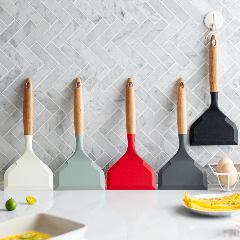 Wooden Handle Silicone Spatula Tamagoyaki Flat Non Stick Pot Shovel