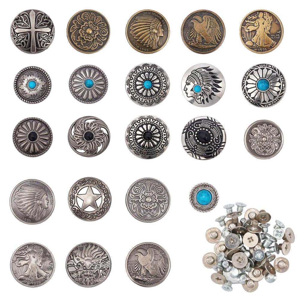 22pcs Alloy Craft Screw Rivet Turquoise/Iron DIY Faux Leather Mixed Nail Set