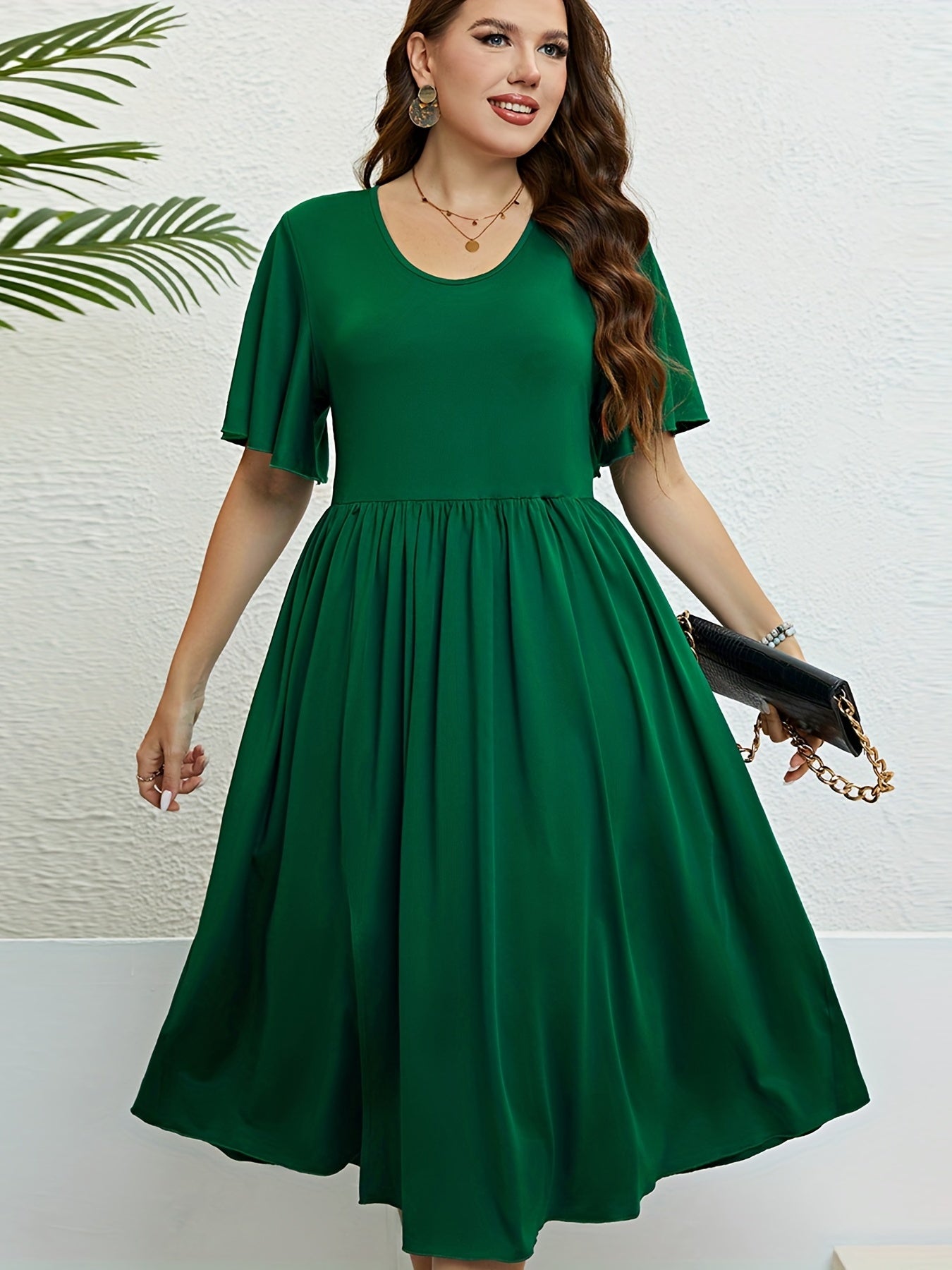  Solid Flutter Sleeve Round Neck Dress