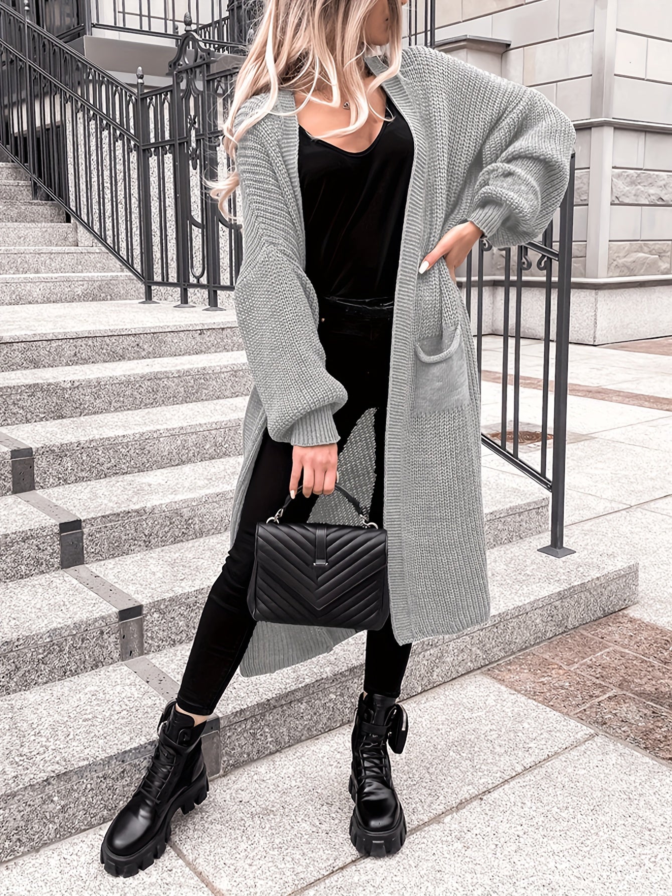  Solid Lantern Sleeve Open Front Cardigan