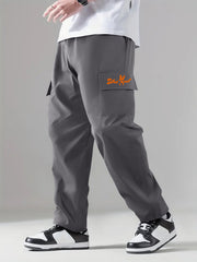 Letter Print Cargo Pants Men's Stretch Pocket Casual Pants