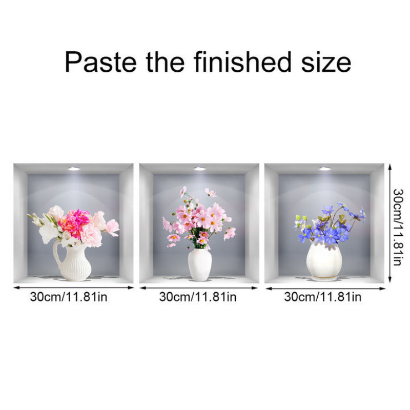 3pcs 3D Vases Plants Flowers Wall Stickers Decorative Triptych Background