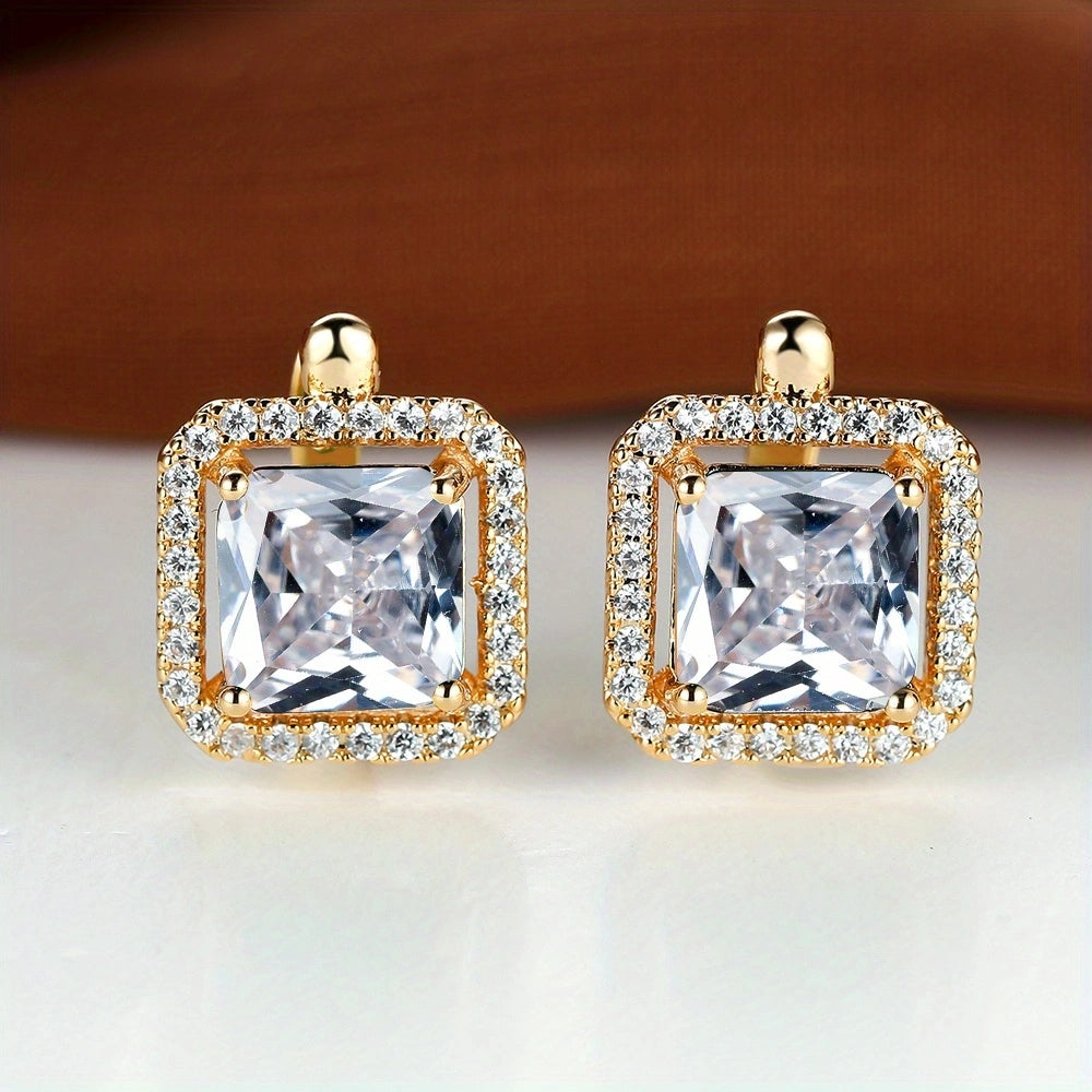 Square Green Zircon Stud Earrings Golden Bride Wedding Jewelry