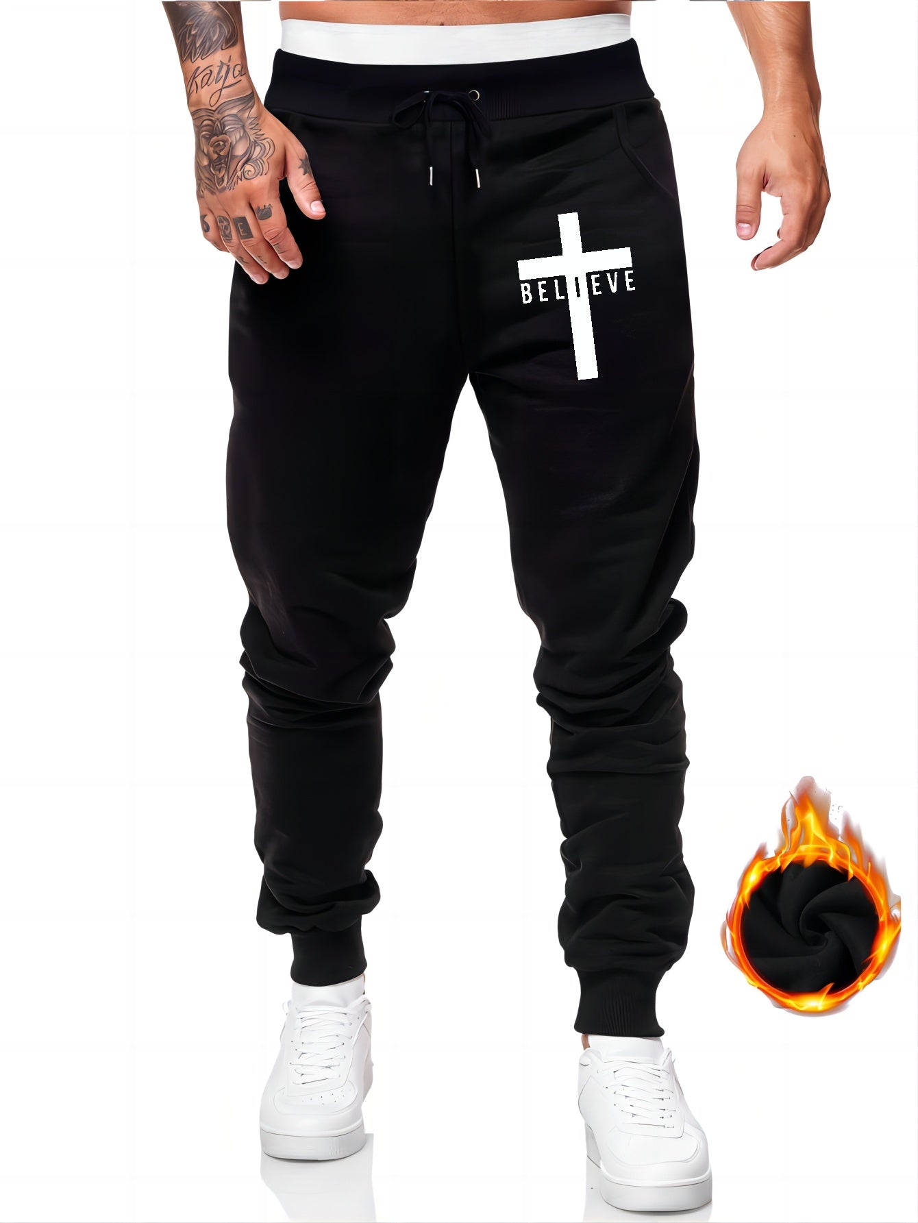 Men's Believe & Cross Print Sweatpants Drawstring Joggers For Fall Winter