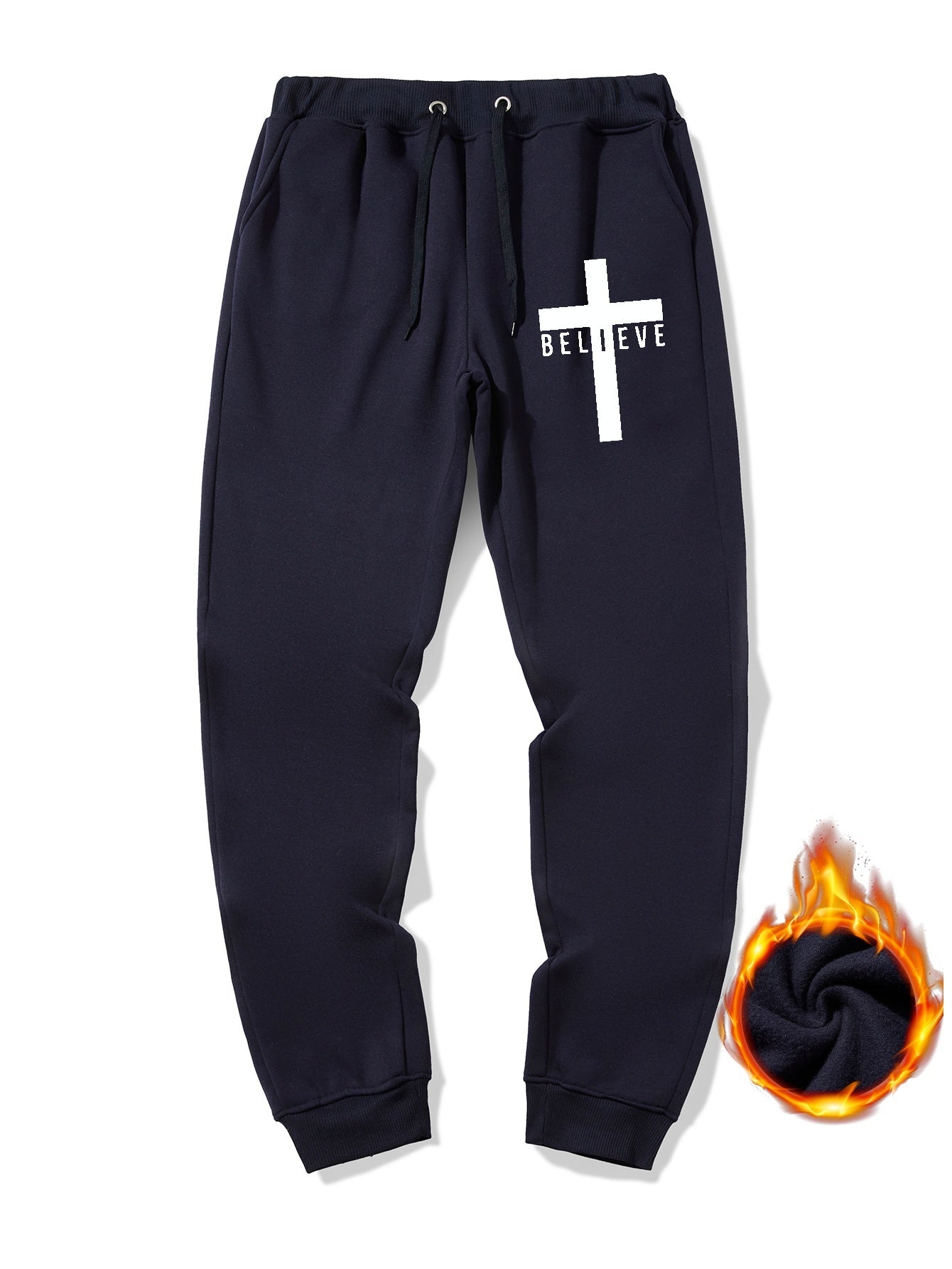 Men's Believe & Cross Print Sweatpants Drawstring Joggers For Fall Winter