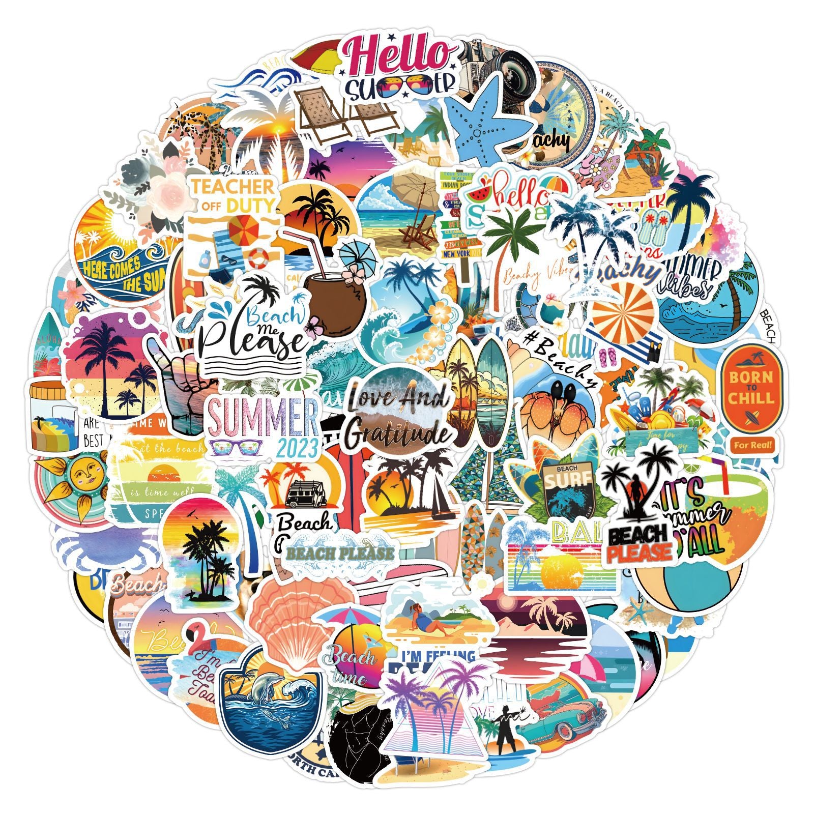 120pcs Coconut Tree Surfing Doodle Stickers - Waterproof Decal
