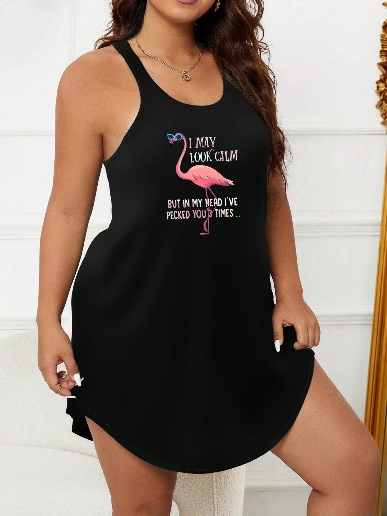  Slogan & Flamingo Print Nightdress Women's Tank Sleep Dress