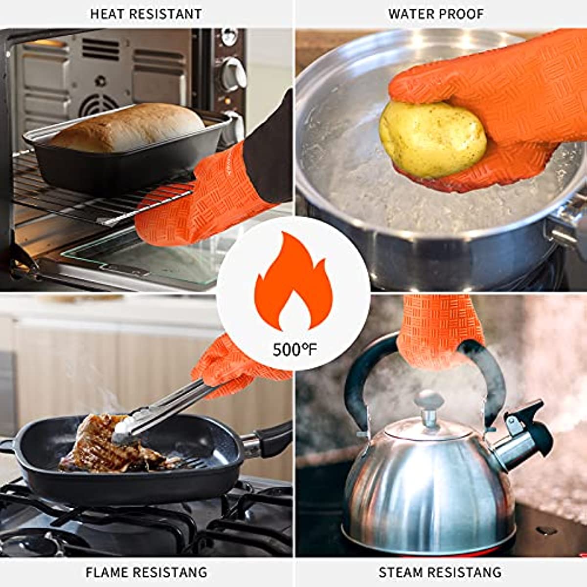 Silicone Oven Mitts Orange Heat Resistant Non Slip Grip Surfaces