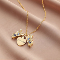 Women's Butterfly I Love You Heart Box Pendant Necklace Gift