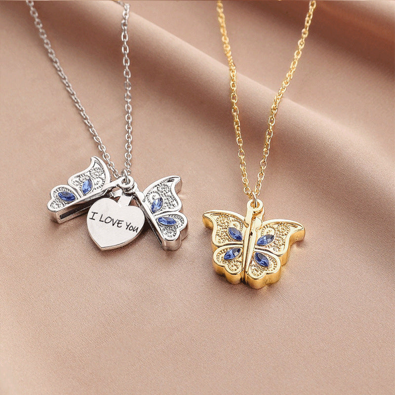 Women's Butterfly I Love You Heart Box Pendant Necklace Gift