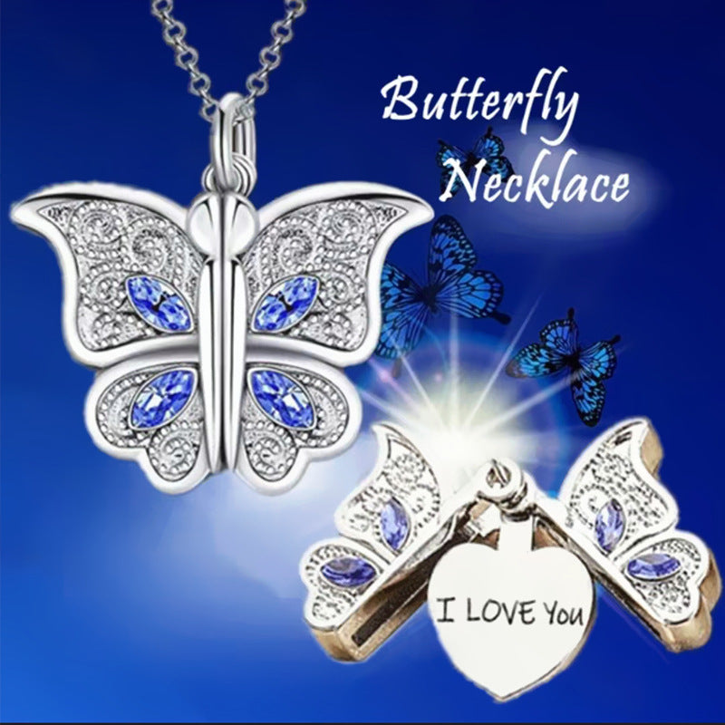 Women's Butterfly I Love You Heart Box Pendant Necklace Gift