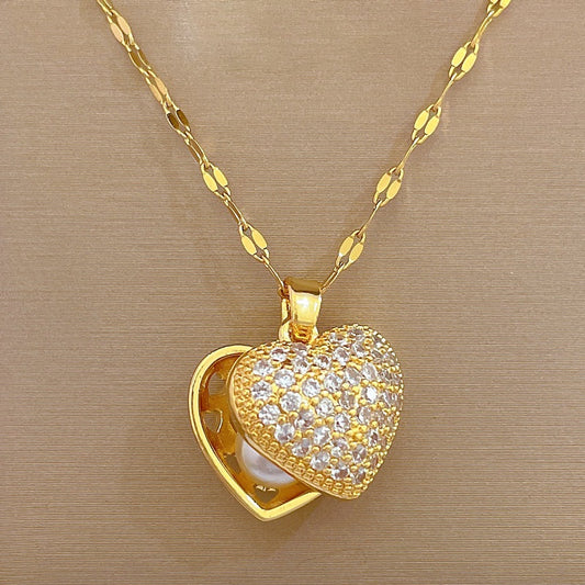 Stainless Steel Chain Peach Heart Pearl Shell Necklace