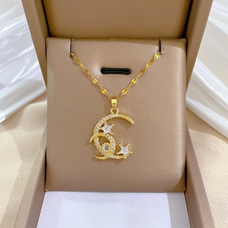 Girl's Double Moon Star Zircon Pendant Necklace - Romantic Wedding Jewelry