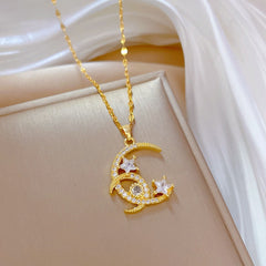Girl's Double Moon Star Zircon Pendant Necklace - Romantic Wedding Jewelry
