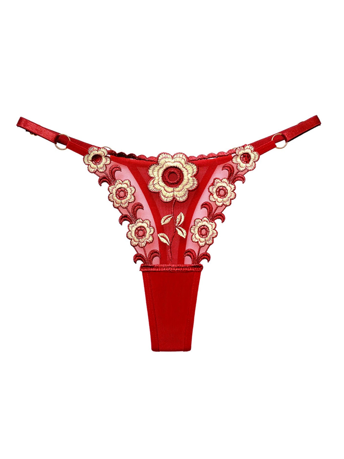 Floral Embroidery Mesh Thongs Colorblock Panties