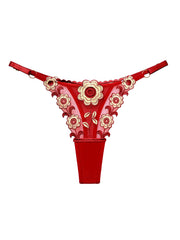 Floral Embroidery Mesh Thongs Colorblock Panties