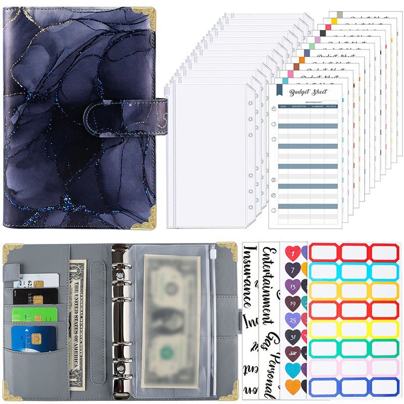 Marble PU Leather Cash Wallet Binder with Budget Sheets & Labels