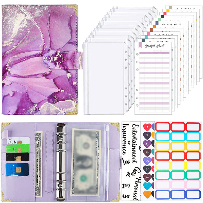 Marble PU Leather Cash Wallet Binder with Budget Sheets & Labels