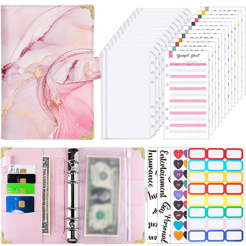 Marble PU Leather Cash Wallet Binder with Budget Sheets & Labels