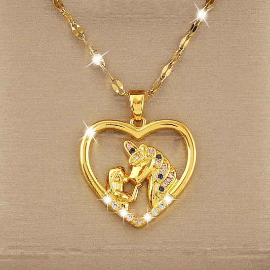 Girl's Unicorn & Girl Zircon Necklace Titanium Steel Chain Jewelry