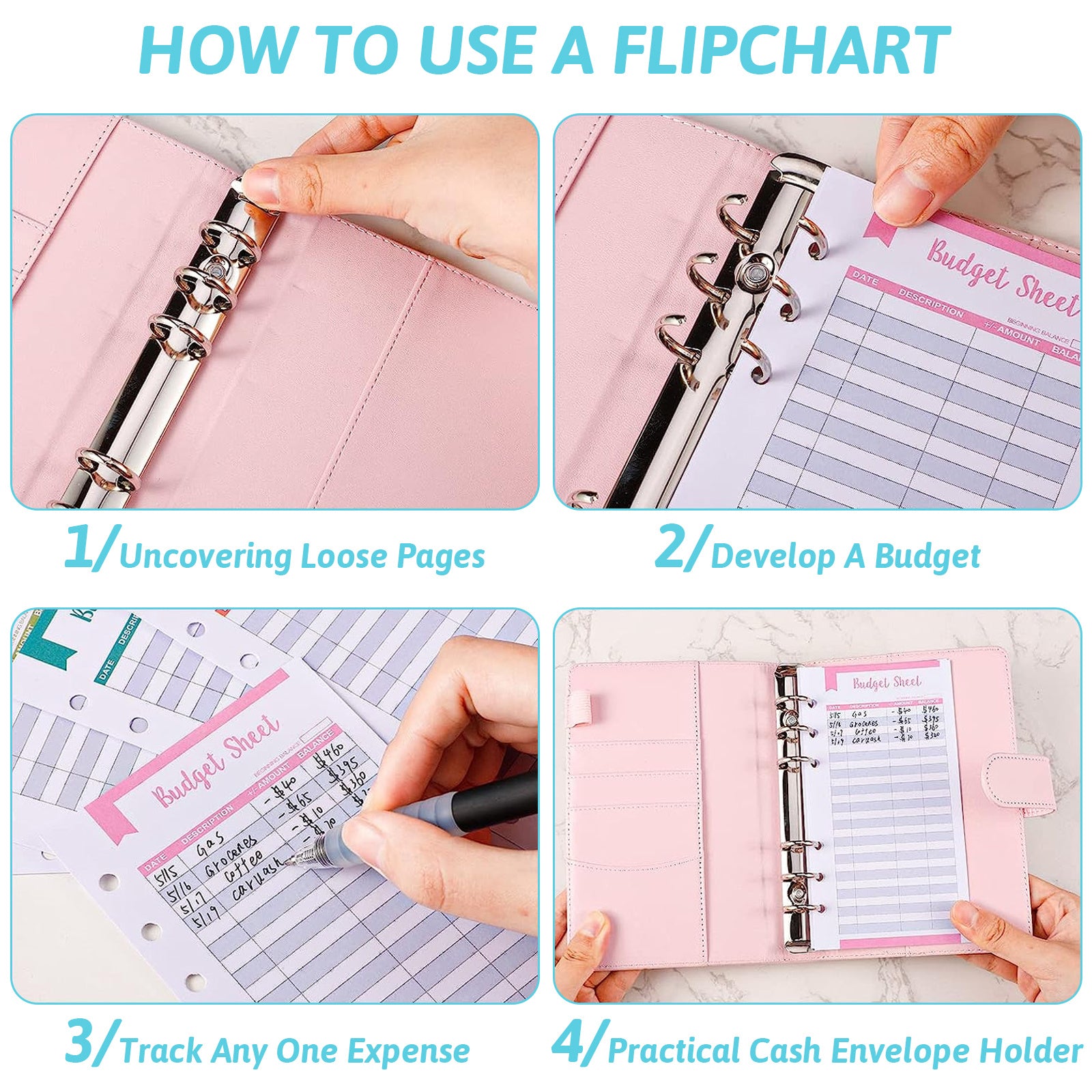 6 Pack Budget Replacement Sheets, A6 Size, 6 Holes, Expense Tracking Cards