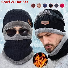 Winter Warm Knitted Hat With Fleece Scarf, Windproof, for Outdoor Activities