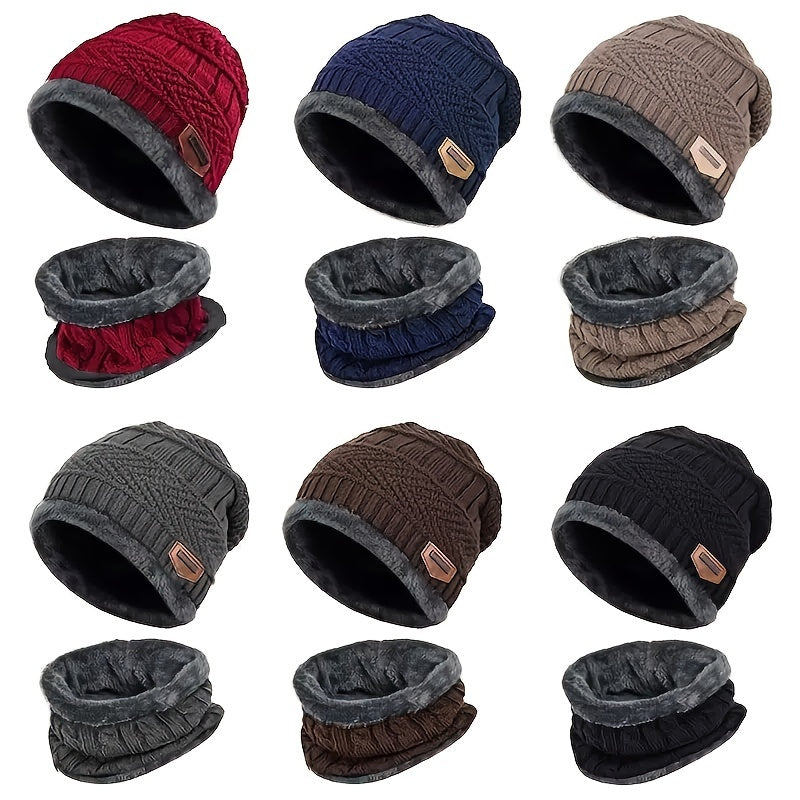 Winter Warm Knitted Hat With Fleece Scarf, Windproof, for Outdoor Activities