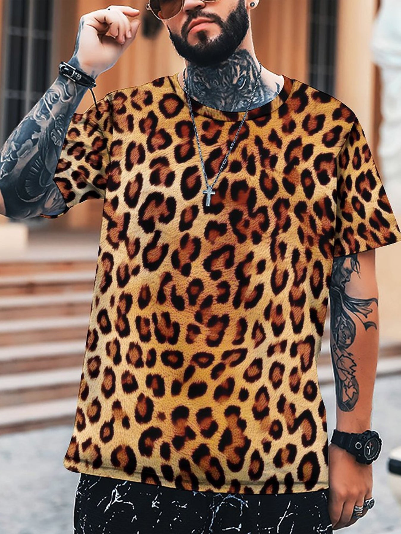 Men's 3D Leopard Print T shirt Casual Stretch Tee