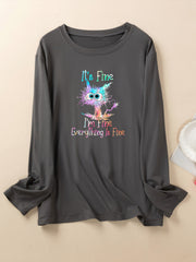  Cat & Ombre Slogan Print Long Sleeve Lounge Top