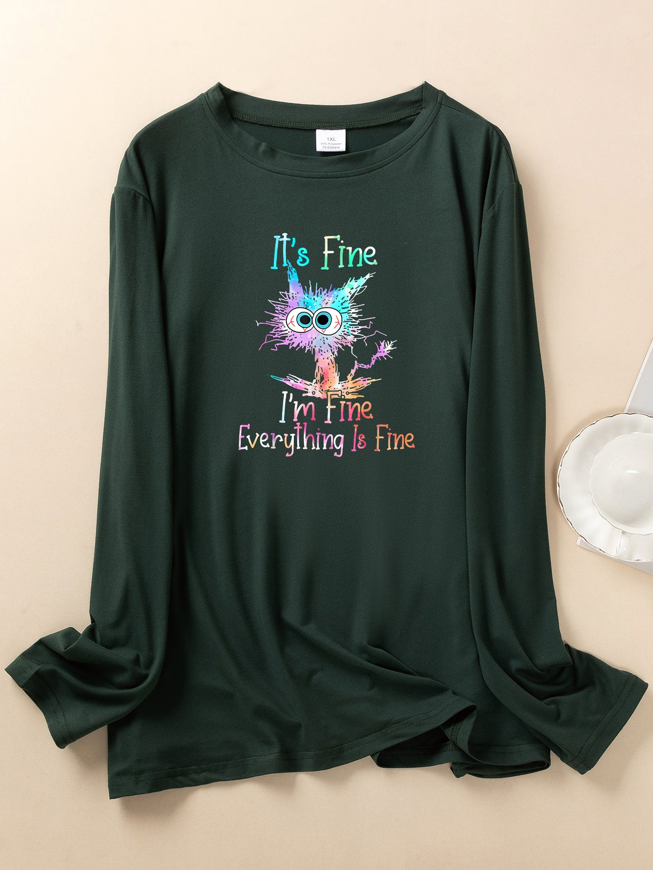  Cat & Ombre Slogan Print Long Sleeve Lounge Top