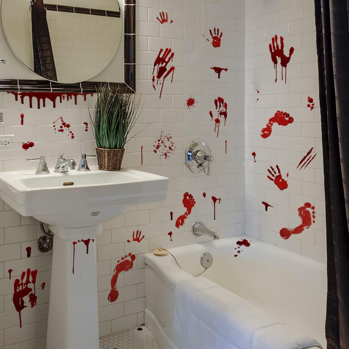 8pcs Halloween Bloody Hand Footprint Window Stickers with Scraper