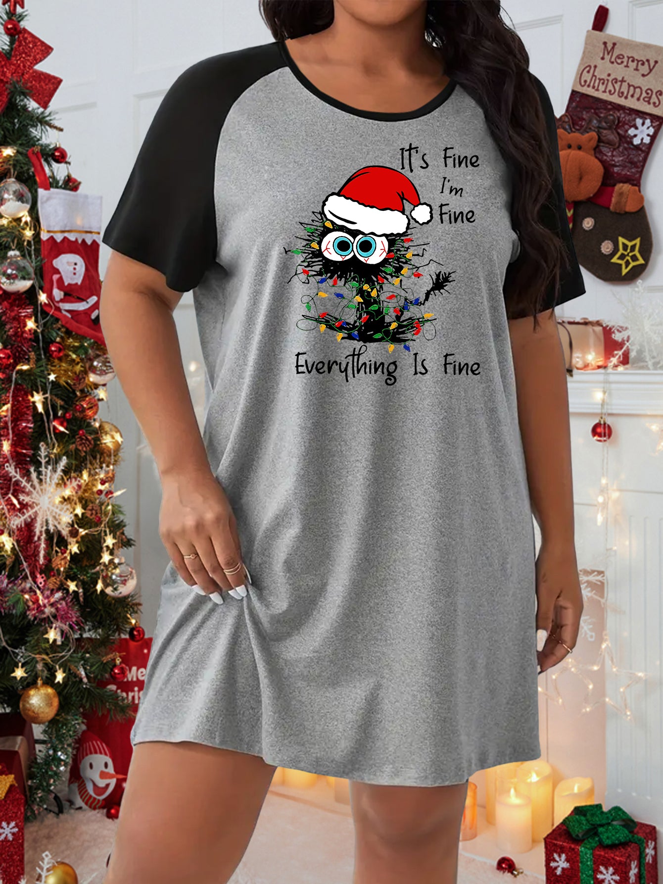  Christmas Cat & Lights Print Sleep Dress