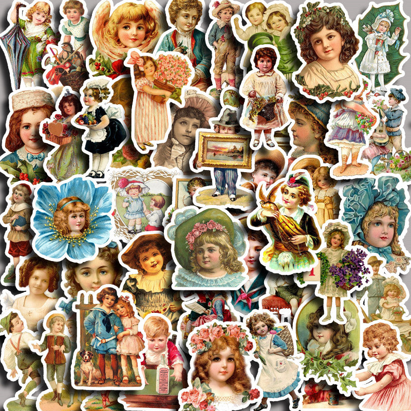 50pcs Retro Doll Waterproof Vinyl Sticker for Water Bottle Laptops