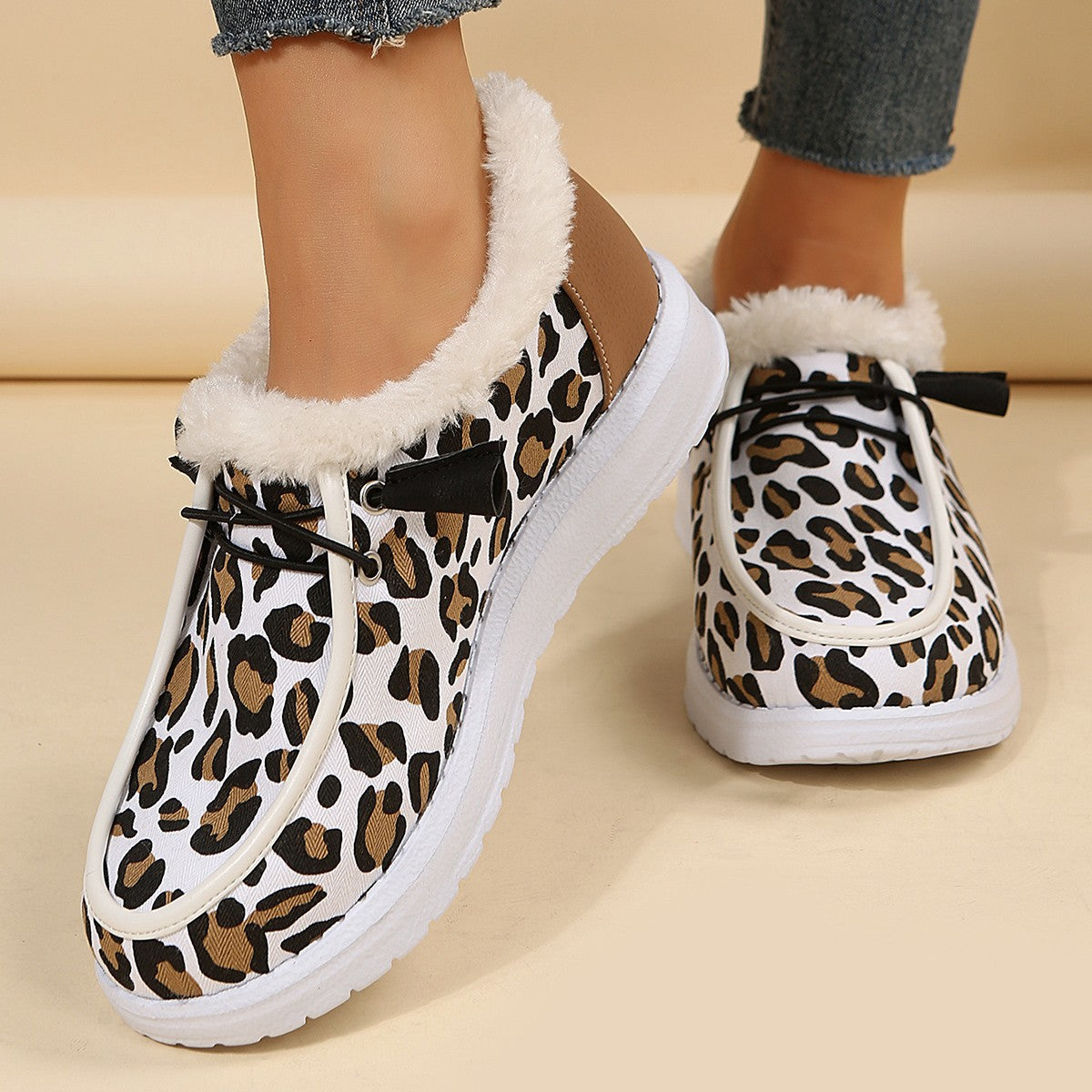 Leopard Print Fur Fleece Lined Snow Shoes Plush Boat Shoes