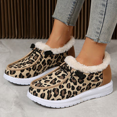 Leopard Print Fur Fleece Lined Snow Shoes Plush Boat Shoes
