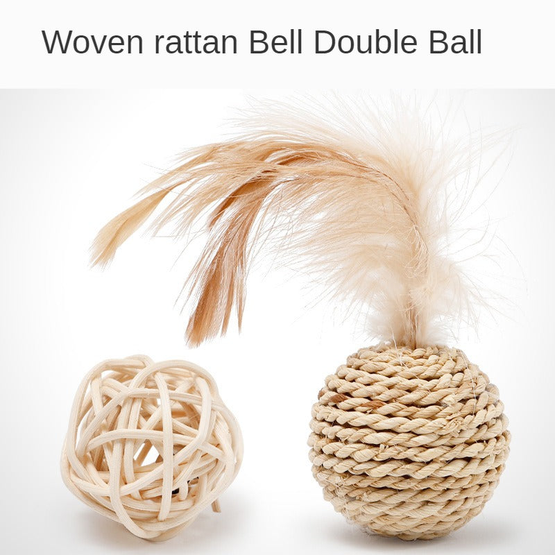 Rattan Cat Double Ball Toy Set with Bell & Feather
