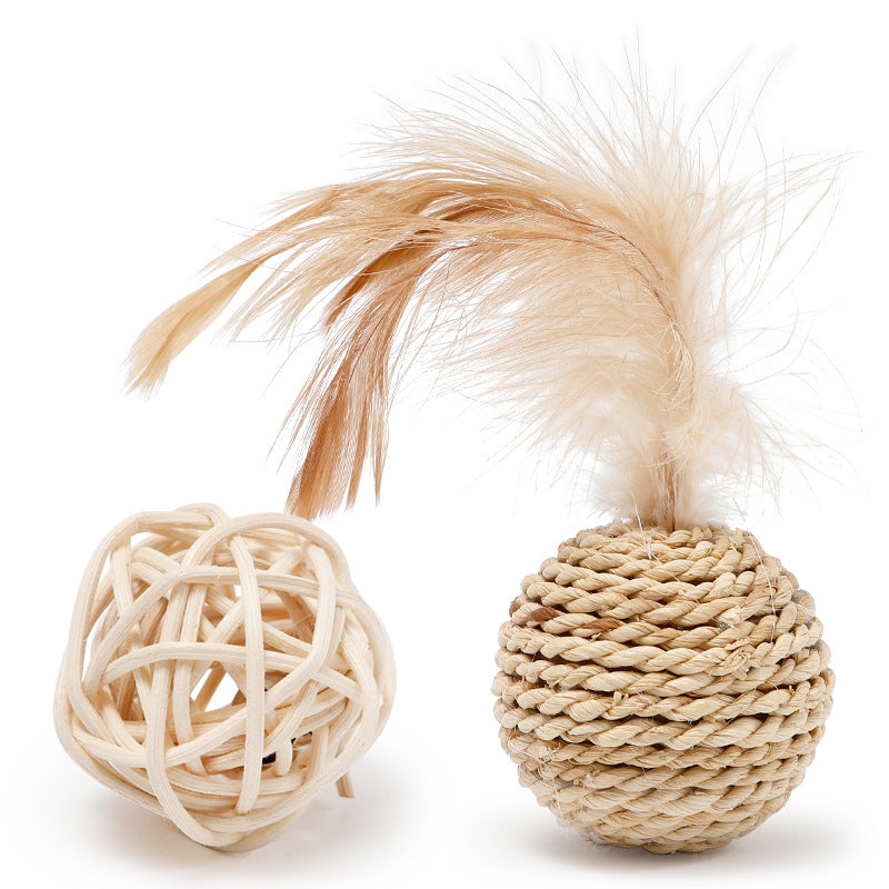 Rattan Cat Double Ball Toy Set with Bell & Feather