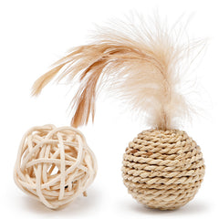 Rattan Cat Double Ball Toy Set with Bell & Feather