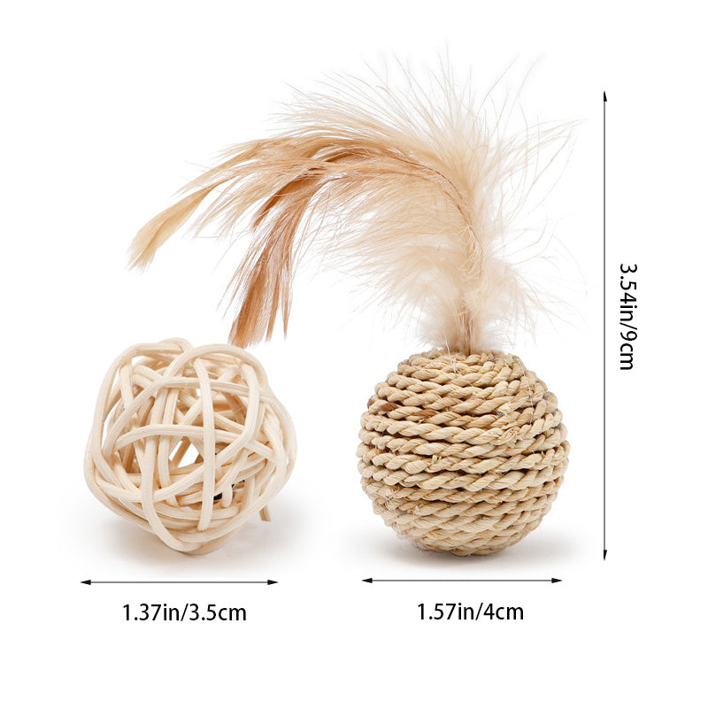 Rattan Cat Double Ball Toy Set with Bell & Feather