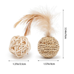 Rattan Cat Double Ball Toy Set with Bell & Feather