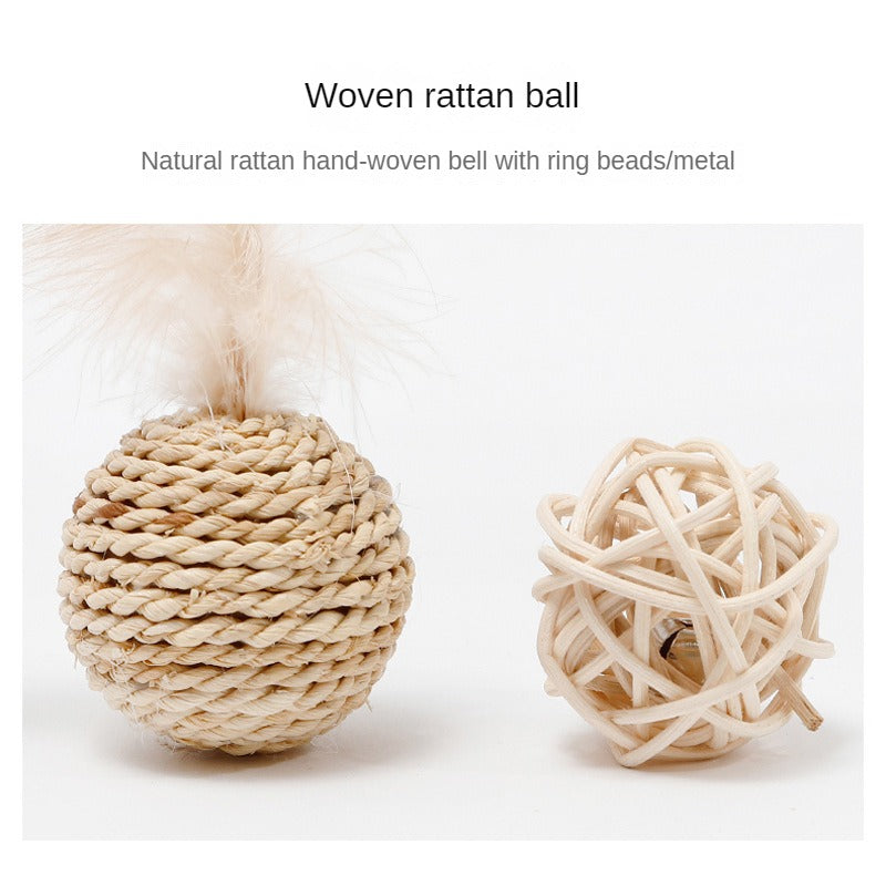 Rattan Cat Double Ball Toy Set with Bell & Feather