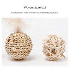Rattan Cat Double Ball Toy Set with Bell & Feather