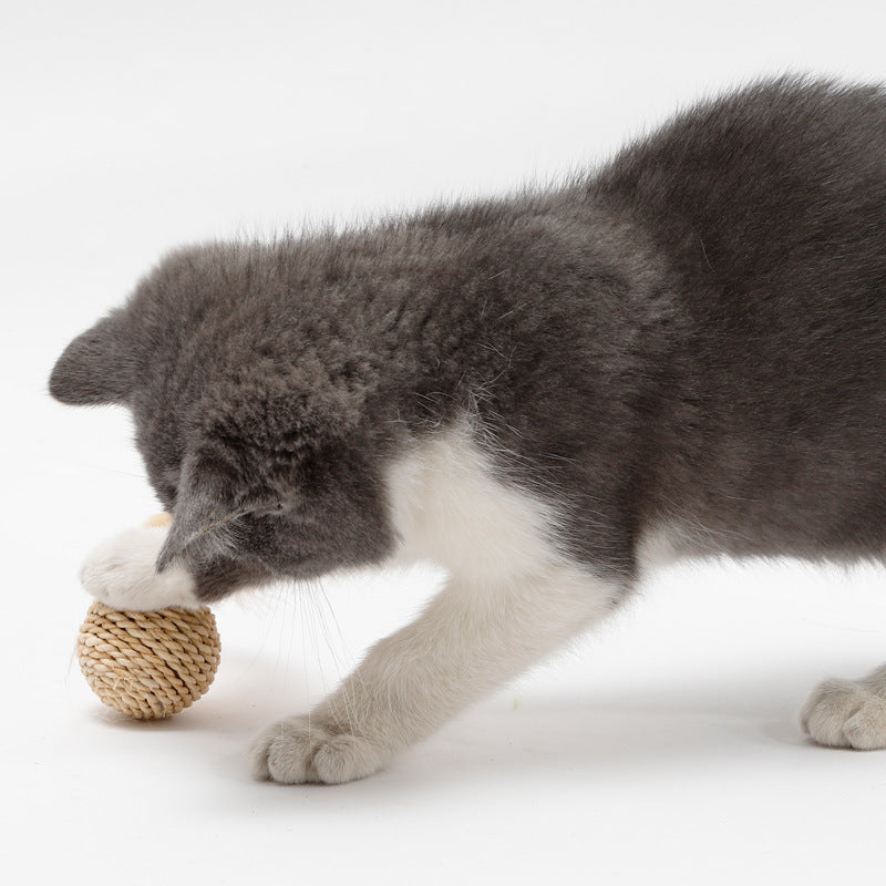 Rattan Cat Double Ball Toy Set with Bell & Feather