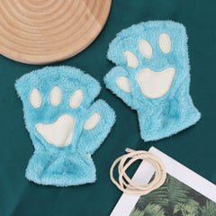 Girls Cat's Paw Gloves Soft Plush Half Finger Gloves Winter Warm Keeping Gloves