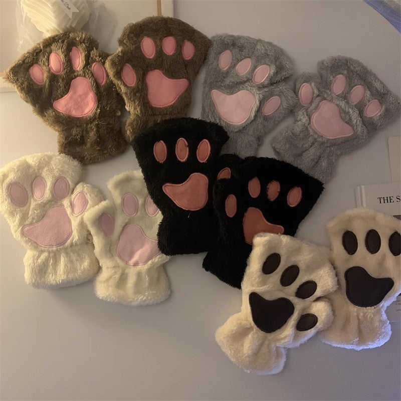 Girls Cat's Paw Gloves Soft Plush Half Finger Gloves Winter Warm Keeping Gloves