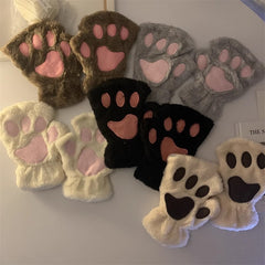 Girls Cat's Paw Gloves Soft Plush Half Finger Gloves Winter Warm Keeping Gloves