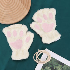 Girls Cat's Paw Gloves Soft Plush Half Finger Gloves Winter Warm Keeping Gloves