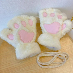 Girls Cat's Paw Gloves Soft Plush Half Finger Gloves Winter Warm Keeping Gloves