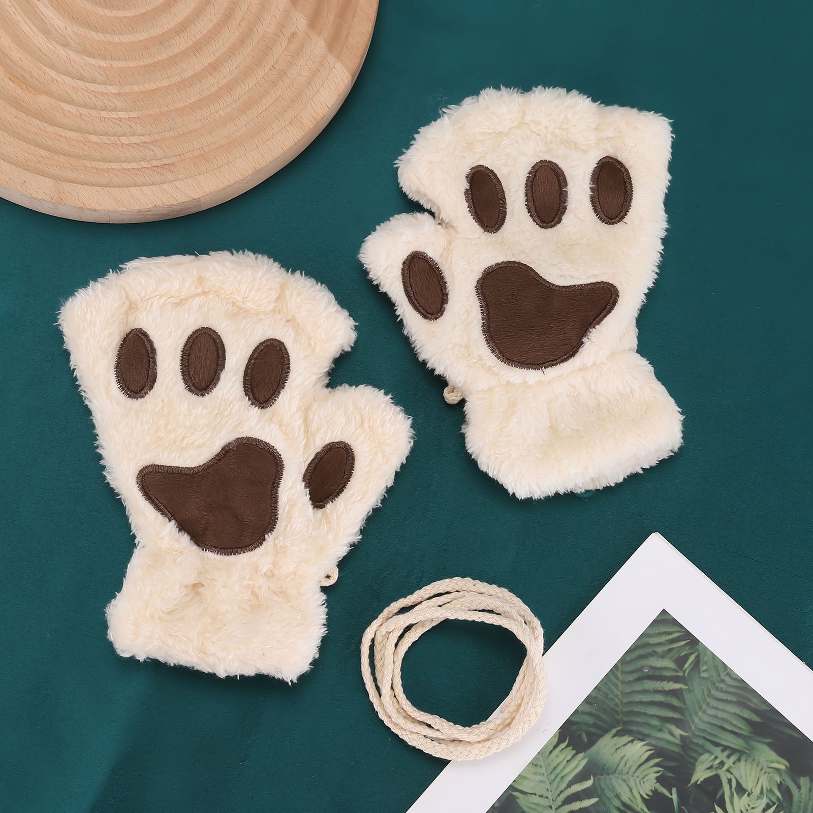 Girls Cat's Paw Gloves Soft Plush Half Finger Gloves Winter Warm Keeping Gloves